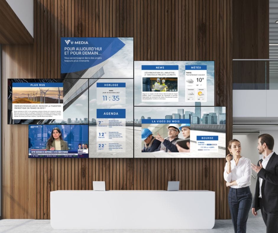 Les solutions de communication flexibles de TVTools, avec leur mur d'écrans et leur affichage dynamique, offrent une expérience optimisée pour diffuser efficacement votre message à travers diverses plateformes. Avec tablette tactile de pilotage, en temps réel, livrée de base dans la configuration